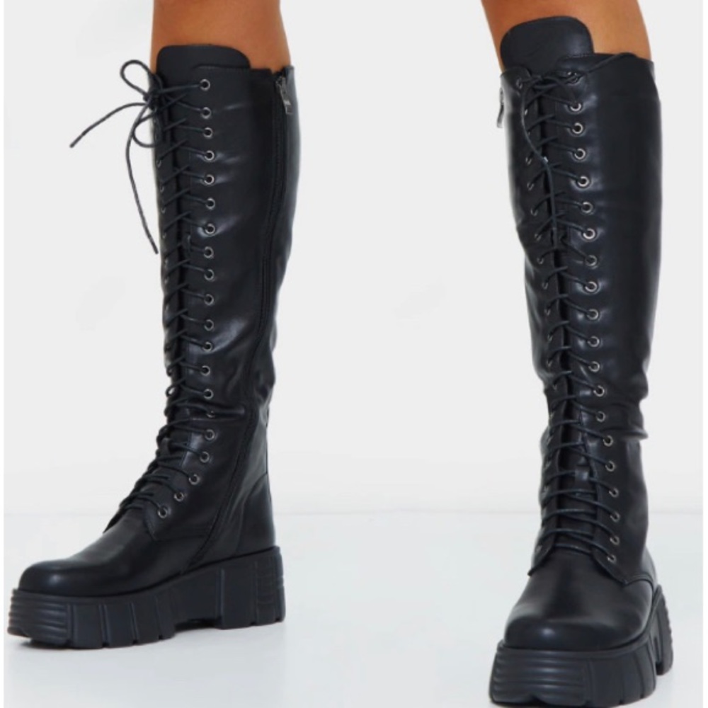 Black Lace-Up Knee-High Boots - Picture 2 of 5